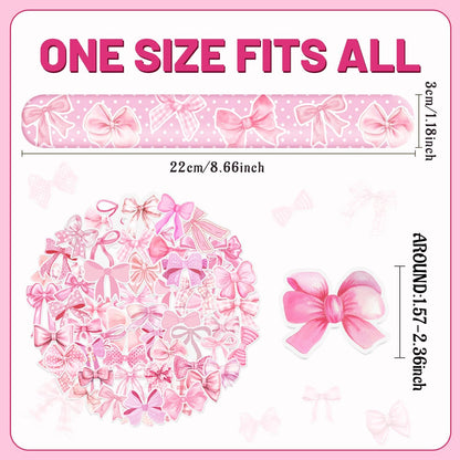 74 PCS Coquette Party Favors - 50 Pink Bow Stickers, 24 Slap Bracelets - Birthday Decorations Supplies for Kids, Girls, Women