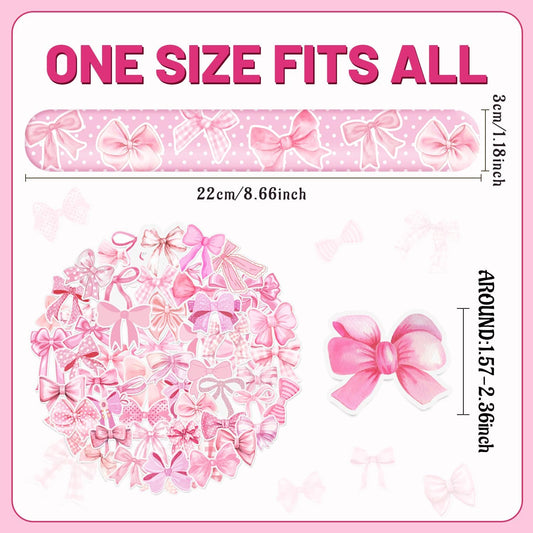 74 PCS Coquette Party Favors - 50 Pink Bow Stickers, 24 Slap Bracelets - Birthday Decorations Supplies for Kids, Girls, Women