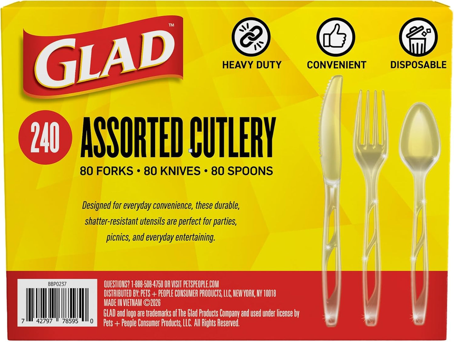 Glad Clear Disposable Cutlery Set with Heavy Duty Plastic Forks, Knives, and Spoons, Reusable Dishwasher Safe Plastic Utensils for Parties and Everyday Use, 240 Count