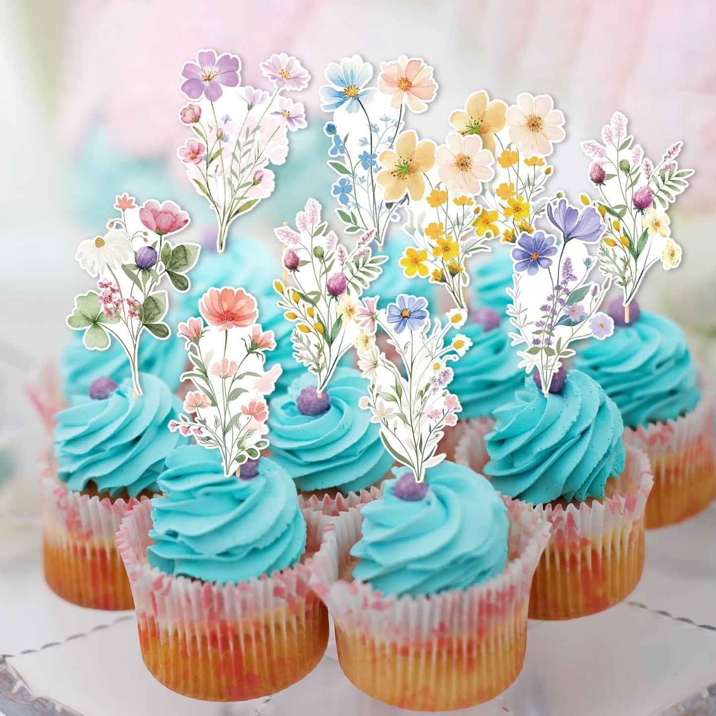 Rngmsi Flower Birthday Cupcake Toppers Decorations, 40PCS Wildflower Baby in Bloom Baby Shower Cake Decorations for Girls Women, Garden Floral Fairy Party Decor