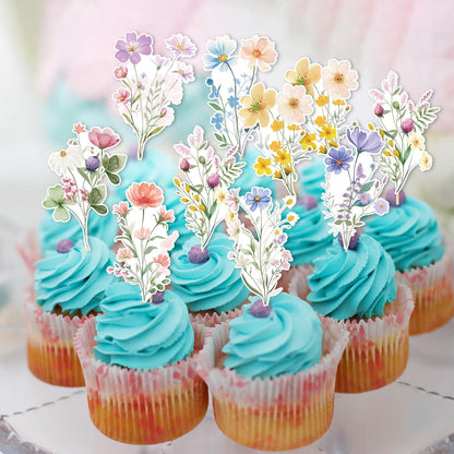 Rngmsi Flower Birthday Cupcake Toppers Decorations, 40PCS Wildflower Baby in Bloom Baby Shower Cake Decorations for Girls Women, Garden Floral Fairy Party Decor