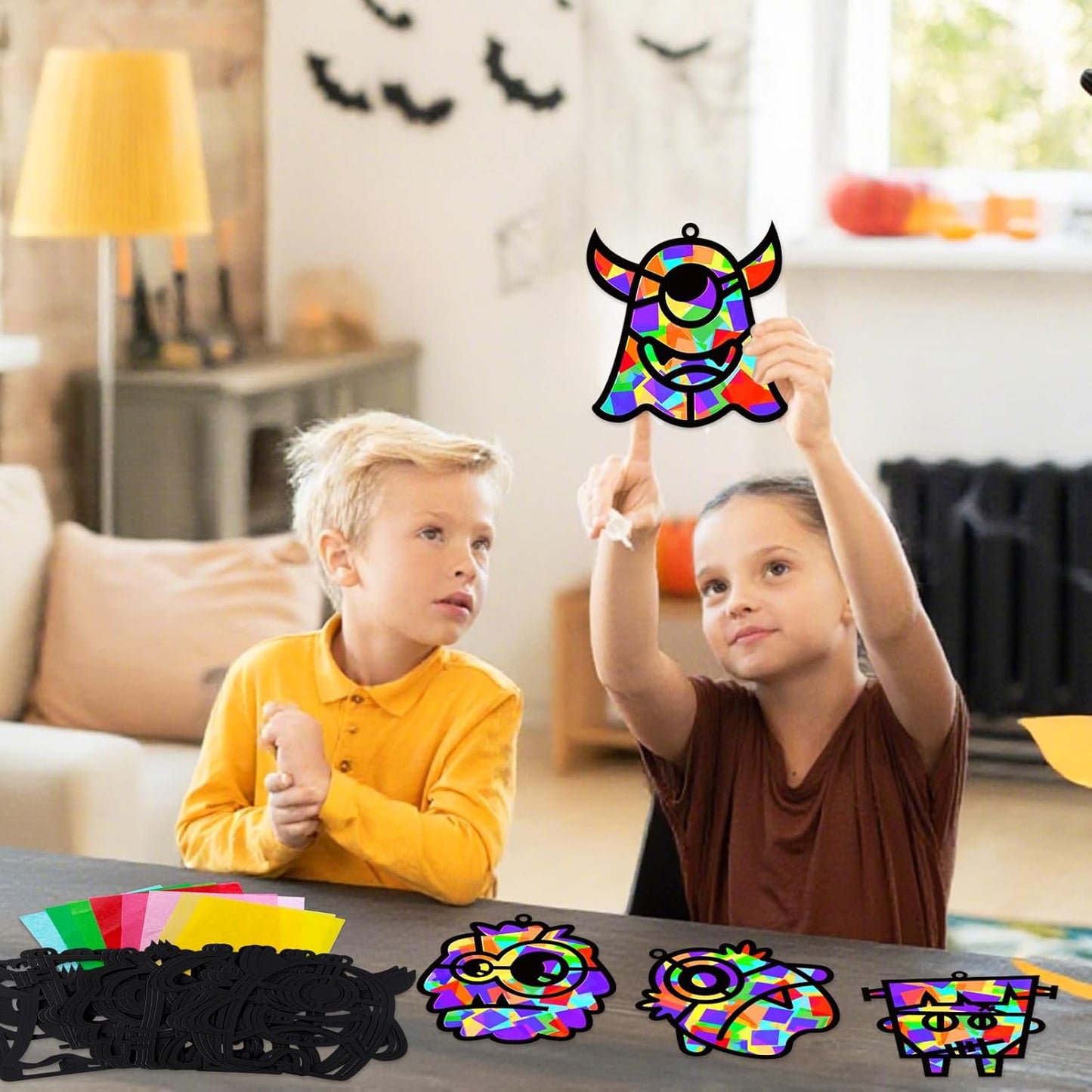 QOUBAI 32 Sets Stars Suncatchers Craft Back to School DIY Stained Glass Window Patriotic 4th of July Paper Craft Home School Classroom Decor Kid Birthday Gift Creative Art Activity Game - Colors B