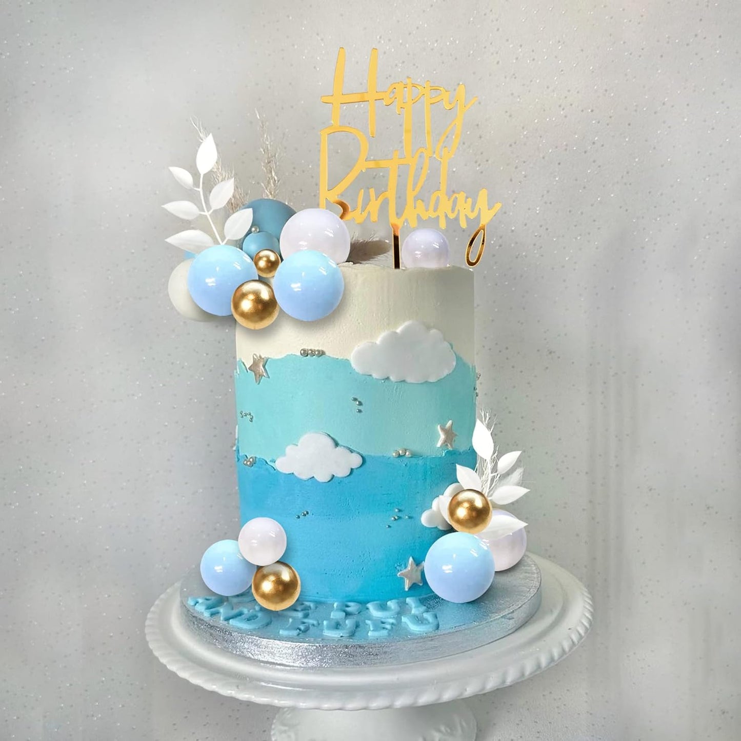 Khaki Balls Cake Topper Boho Grass Cake topper Khaki White Gold Pearl Balls Happy Birthday Cake Decorations for Wedding Birthday Boho Themed Supplies (Khaki)