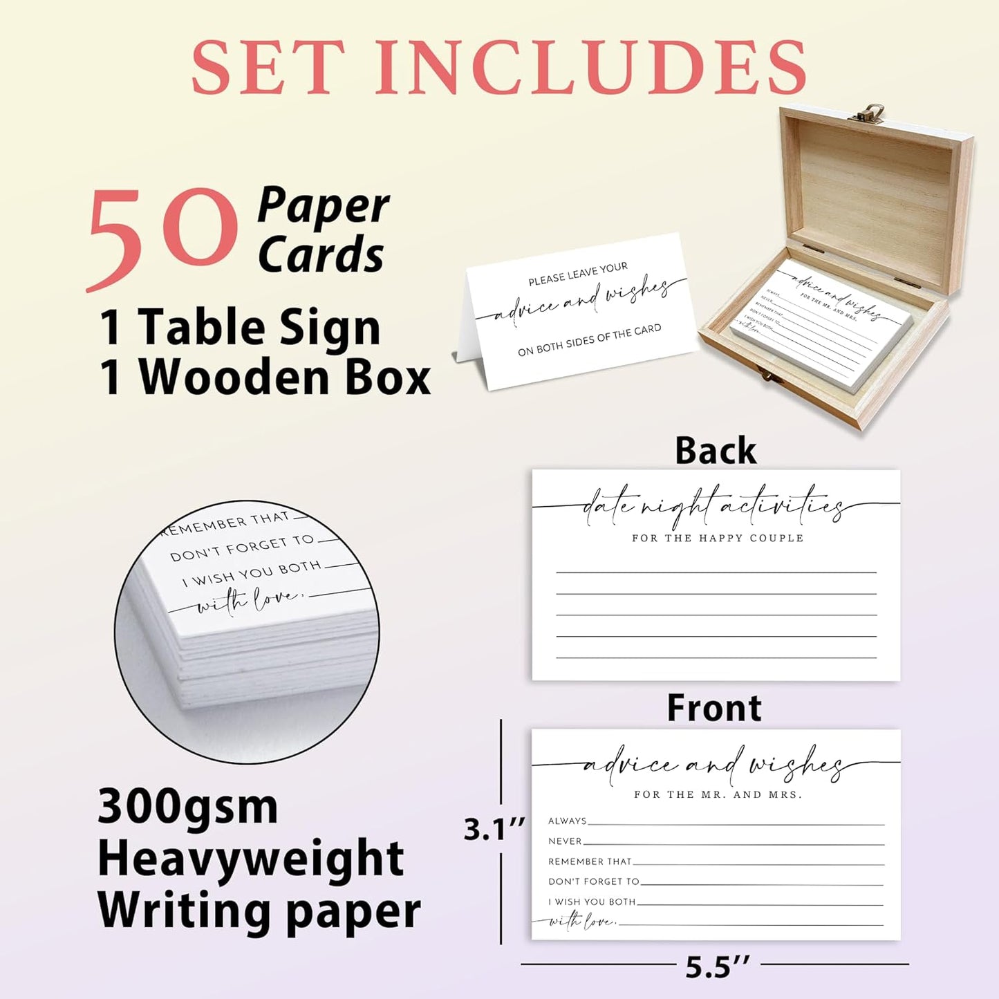 Boho Advice and Wishes for the Mr and Mrs - 50 Packs Wedding Advice Cards Bridal Shower Game Cards with Box Reception Guest Book for Bride Groom Newlywed Engagement Party Decoration -A08