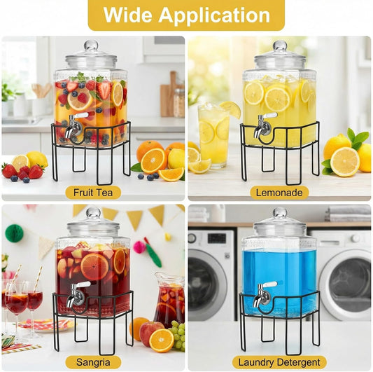 2 Gallon Glass Drink Dispenser, Drink Dispensers for Parties, Beverage Dispenser with Stand and Glass Lid, 100% Leakproof Spigot, Ideal for Lemonade, Juice, Laundry Detergent Dispenser