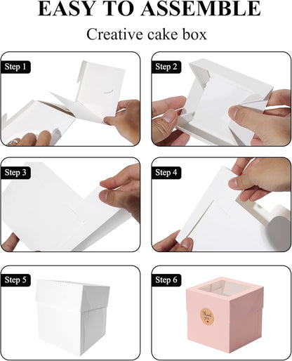 COTOPHER 4Pcs 6x6x6 Inches Mini Cake Boxes, Pink Square Bakery Boxes with Window, Small Cake Containers for Pastries, Cookies, Chocolates, Cupcakes, Birthday Party Cajas Pasteles