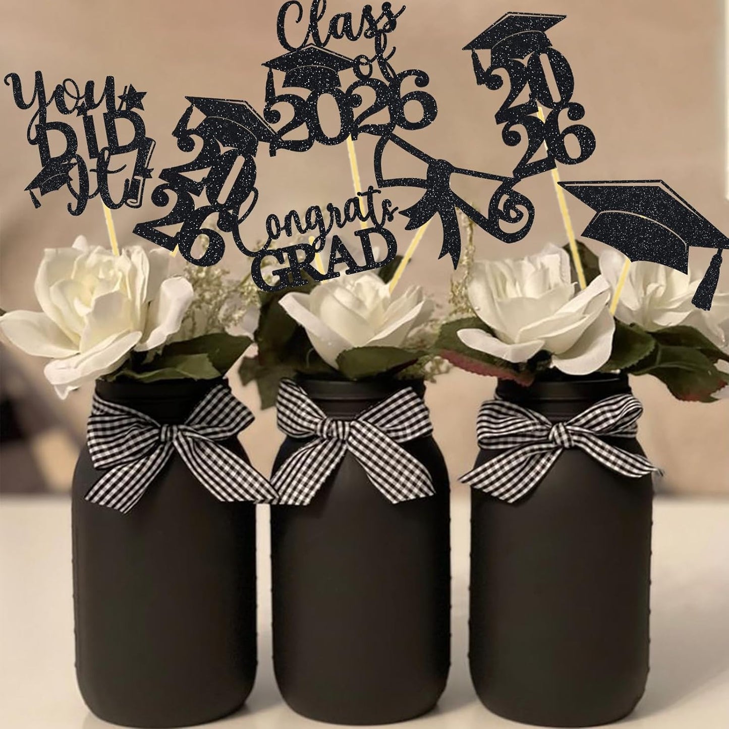 Graduation Centerpiece Sticks 24PCS Glitter Grad Picks Party Table Decor Senior High School College Sign Gold