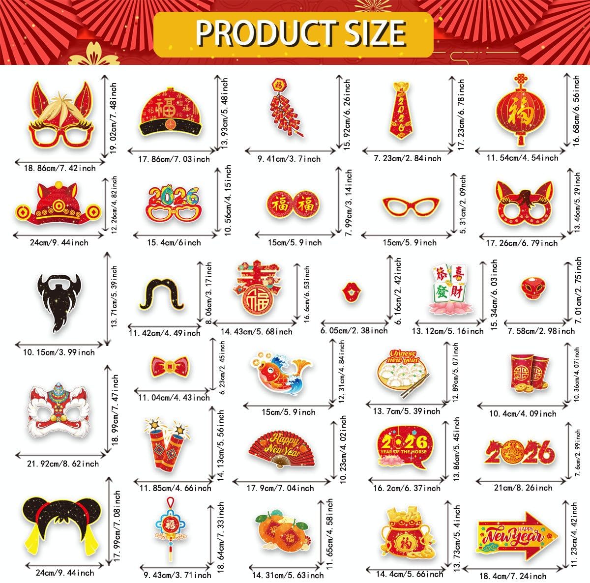 KYMY 2026 Chinese New Year Photo Booth Props Kit, 1 Selfie Frame & 24 Photo Booth Props, Zodiac Horse Year Spring Festival Festive Selfie Accessories for Asian Lunar New Year Party Favors