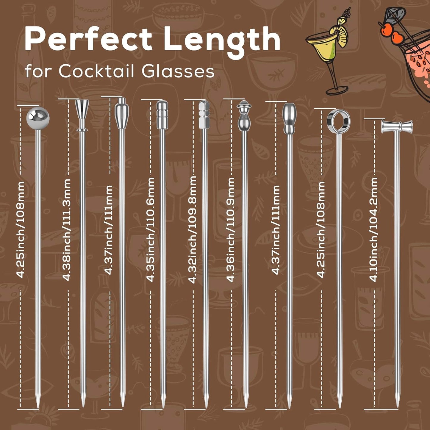 Metal Martini Cocktail Picks 9 Pcs, 4.1 in Olive Skewers Stainless Steel, Martini Garnish Sticks Reusable, Metal Toothpicks for Drinks, Appetizers, Bar Accessories Gift for Bartenders - Sliver