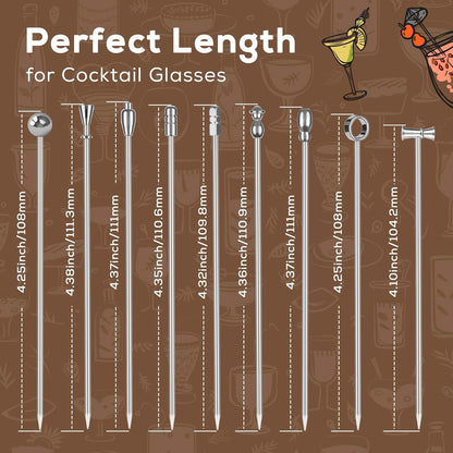 Metal Martini Cocktail Picks 9 Pcs, 4.1 in Olive Skewers Stainless Steel, Martini Garnish Sticks Reusable, Metal Toothpicks for Drinks, Appetizers, Bar Accessories Gift for Bartenders - Sliver
