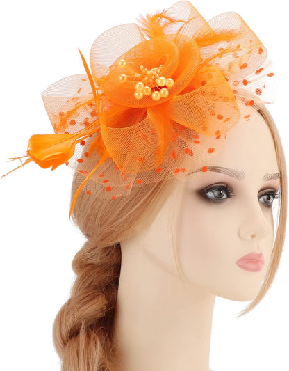 DRESHOW Fascinators Hat Flower Mesh Ribbons Feathers on a Headband and a Clip Tea Party Headwear for Girls and Women - Colors B