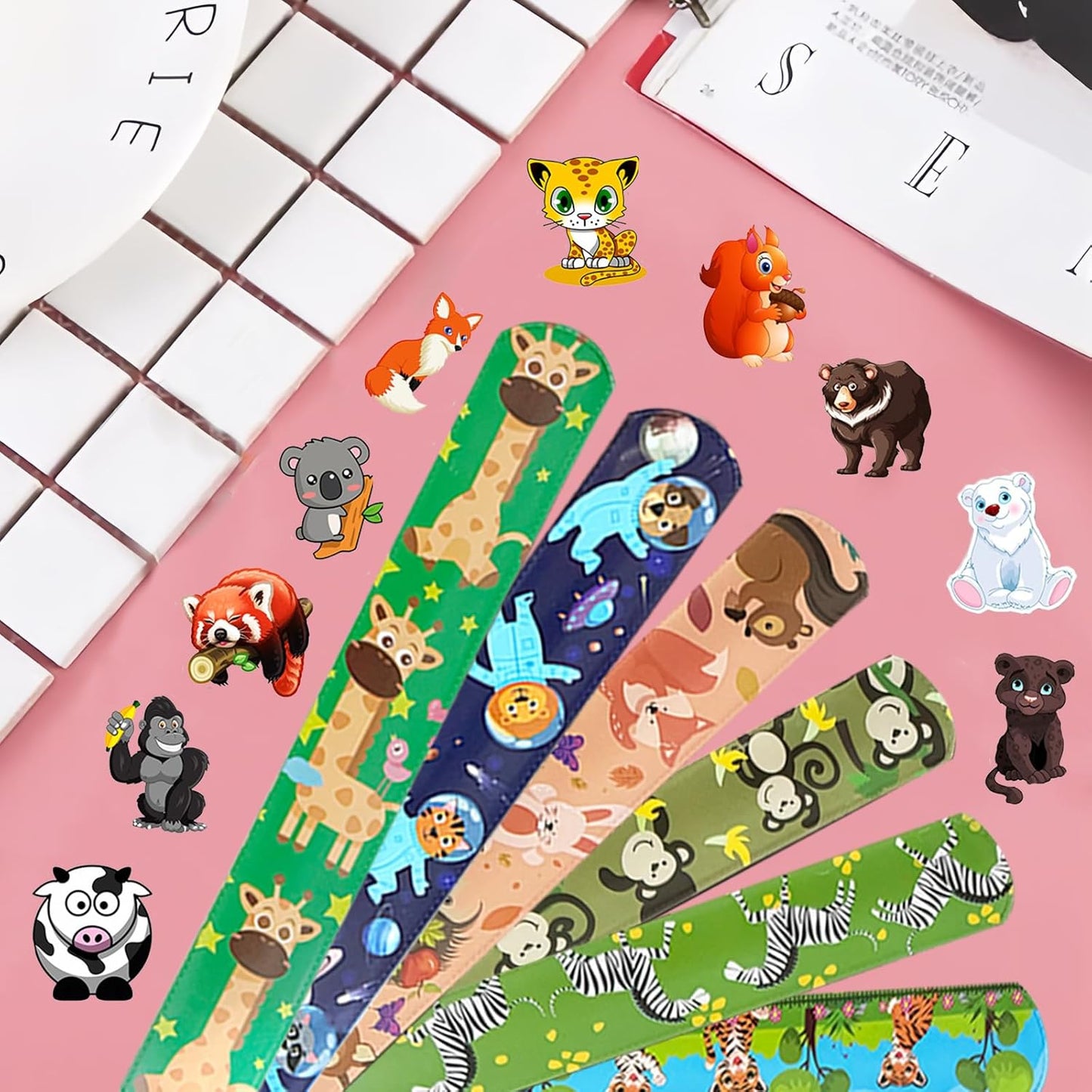 CZWXOXO 74Pcs Dinosaur Theme Party Favors Contain 24 Pcs Slap Bracelets 50Pcs Stickers, Dino Theme Birthday Party Decorations,Classroom Rewards Supplies.