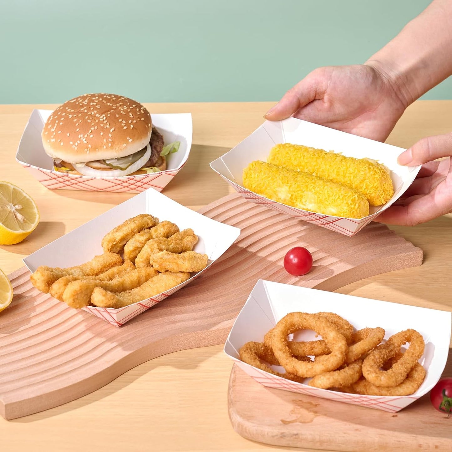 ECOLipak 100 Pack 3lb Paper Food Tray Red, Disposable Paper Boats, Food Holder Trays, Serving Boats for Taco Nacho Hot Dog Snack Fries Dessert Popcorn Sauce