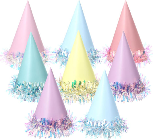 24 Pcs Iridescent Foil Pastel Rainbow Party Hats Colorful Birthday Party Cone Hats Pastel Paper Caps with Elastic String for Kids and Adults Birthday Baby Shower Bridal Shower Anniversary Decorations
