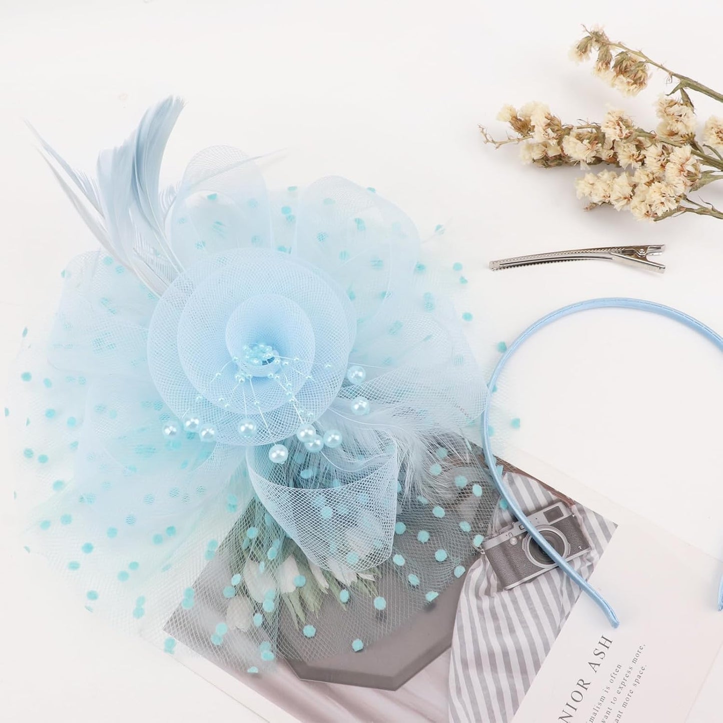 DRESHOW Fascinators Hat Flower Mesh Ribbons Feathers on a Headband and a Clip Tea Party Headwear for Girls and Women - Colors B