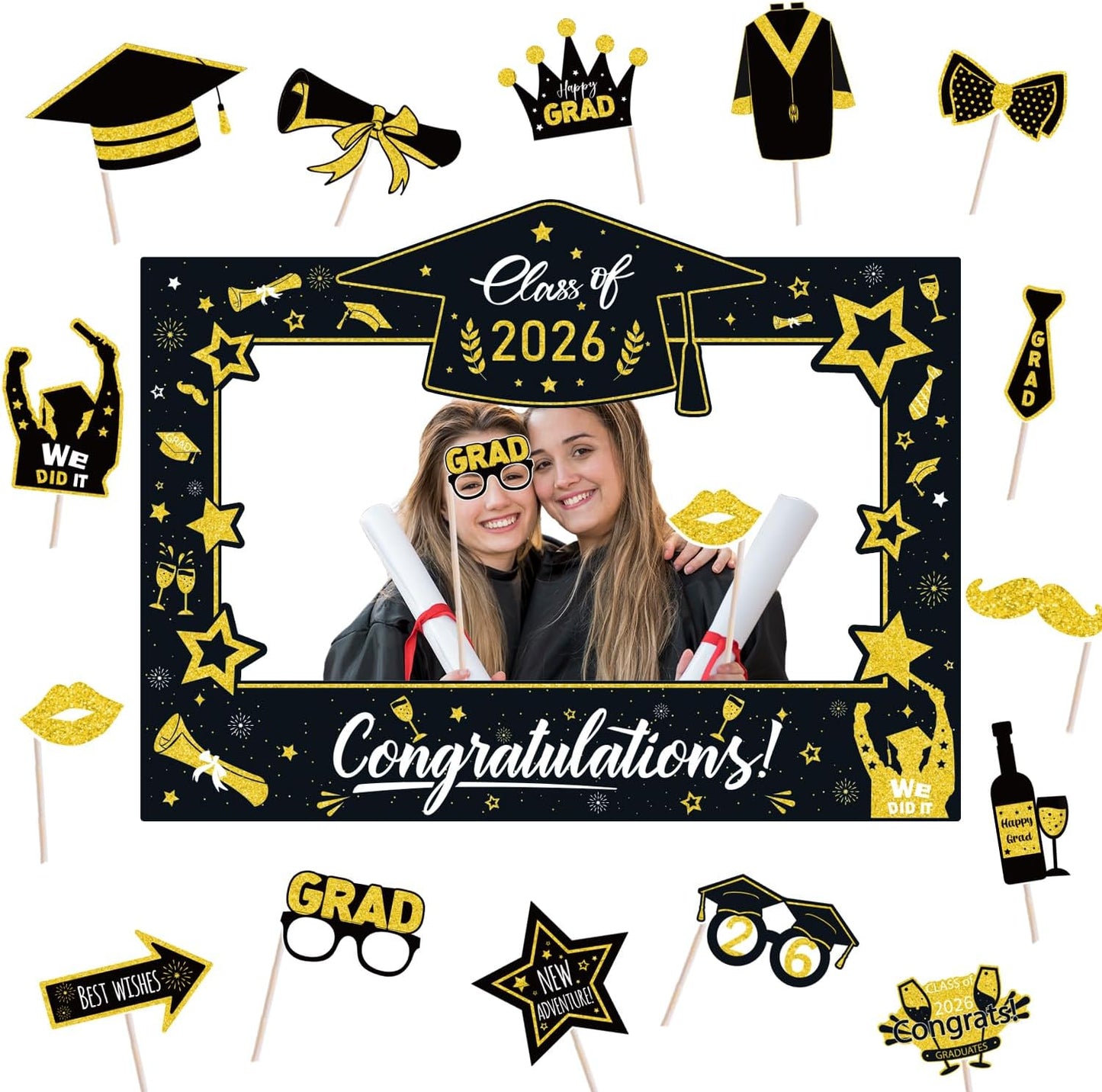 Graduation Decorations Class of 2026 Photo Booth Props - Blue and Gold 2026 Graduation Frame & Photo Props Congrats Grad Class of 2026 Decor for Graduation Party Supplies