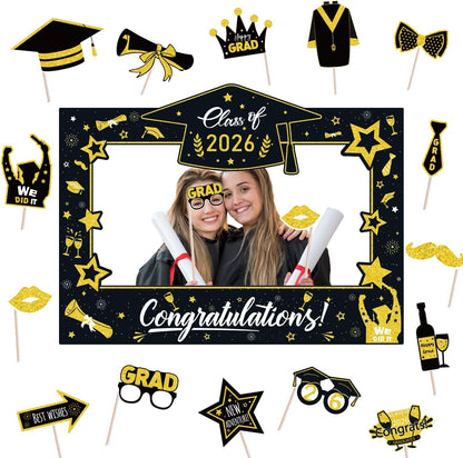 Graduation Decorations Class of 2026 Photo Booth Props - Blue and Gold 2026 Graduation Frame & Photo Props Congrats Grad Class of 2026 Decor for Graduation Party Supplies