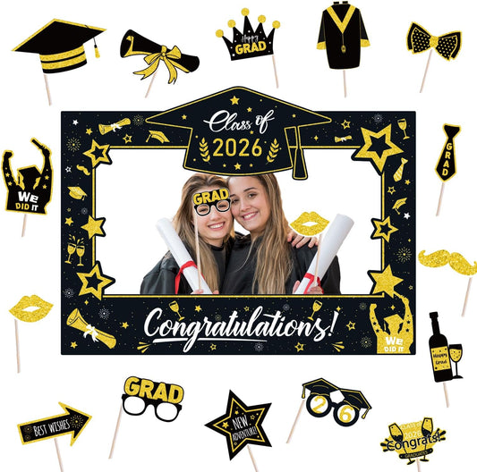 Graduation Decorations Class of 2026 Photo Booth Props - Blue and Gold 2026 Graduation Frame & Photo Props Congrats Grad Class of 2026 Decor for Graduation Party Supplies