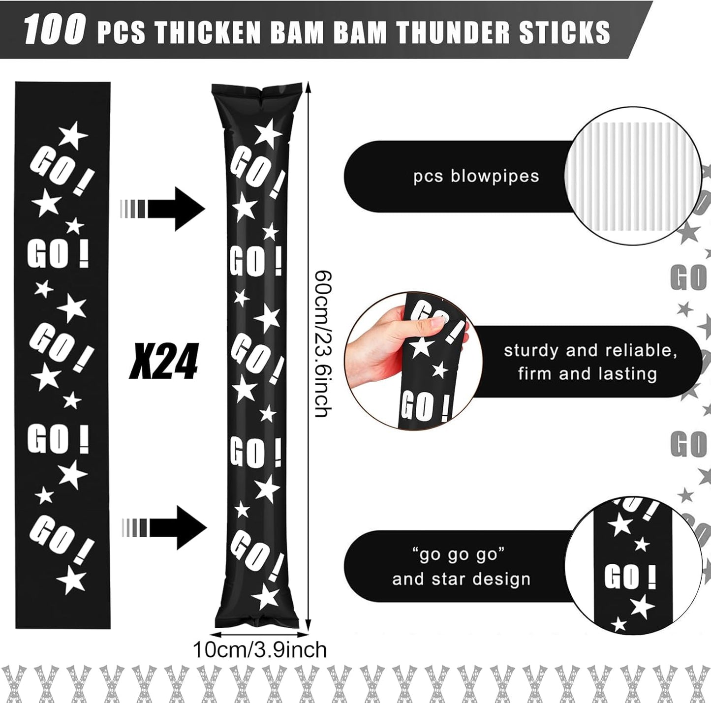 Hungdao 100 Pcs Thunder Sticks Spirit Boom Sticks Cheerleading Football Noise Makers Inflatable Noisemakers for Party Dance Basketball Sporting Event