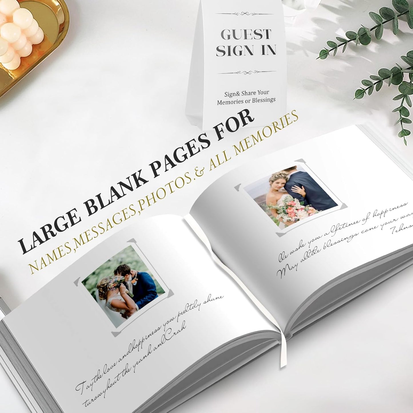 Wedding Guest Book for Memorial Service with 216 Photo Corners Stickers, Linen Guestbook to Sign at Bridal Shower or Wedding Reception Party,100 Pages, Blank Thick Paper Books for Baby Shower- Sage
