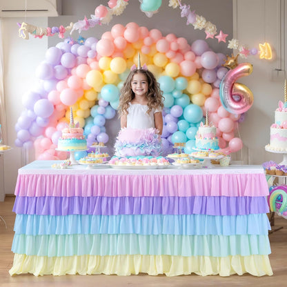 6ft Rainbow Tutu Table Skirt for Rectangle Round Tables Chiffon Table Cloth for Birthday Party Decorations Baby Shower Parties Ruffle Table Skirting