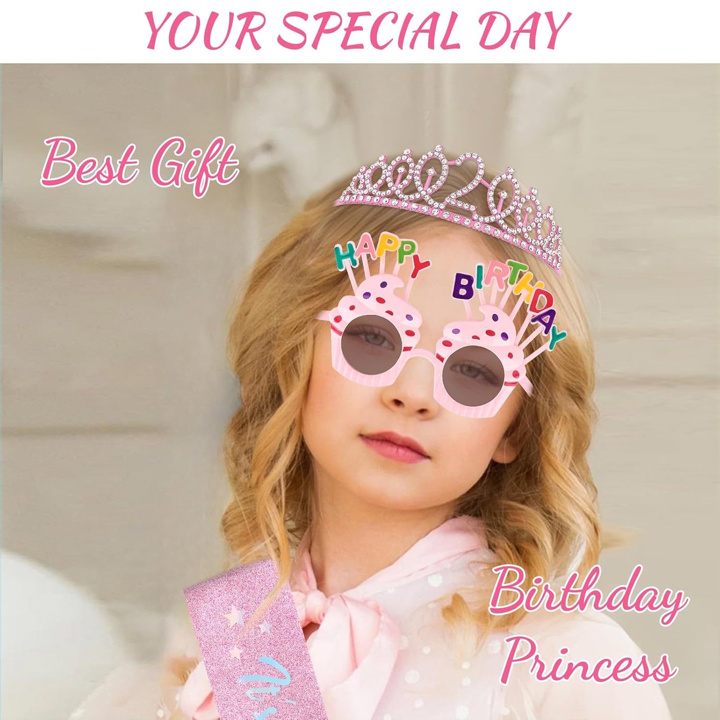 YARIEW 3rd Birthday Decorations, 3rd Glitter Purple Sash and Crown Kit with Happy Birthday Sunglasses, Tiara Princess Crown and Sash Party Outfit Accessory