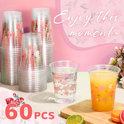 Hushee 60 Pcs Purple Floral Cups with Spring Summer Flower 16 oz Wildflowers Plastic Disposable Drinking Cups for Summer Spring Birthday Baby Shower Wedding Party Supplies