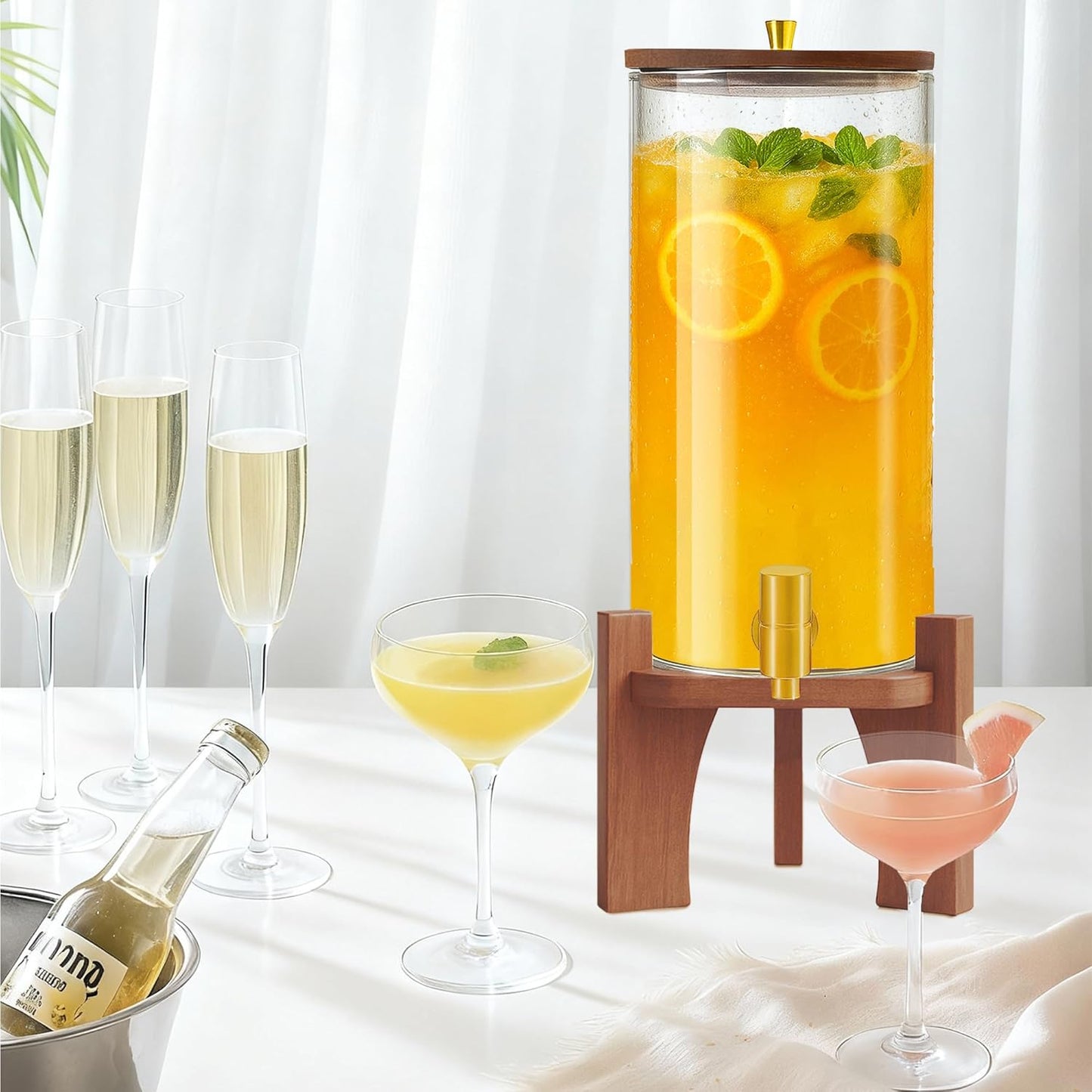 Glass Drink Dispenser,1.5 Gallon Beverage Dispenser with Stand,Lemonade Dispenser with Stainless Steel Faucet,Drink Dispensers for Parties, Bars and Home (Round Stand)