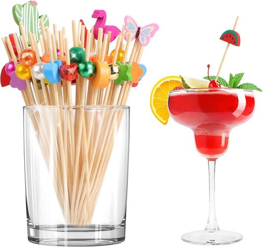 100PCS 4.7 Inch Fancy Cocktail Picks, Decorative Bamboo Appetizer Toothpicks with Mixed Shapes, Food Skewers for Appetizers, Drinks, Party, Fruit, Charcuterie Boards Accessories