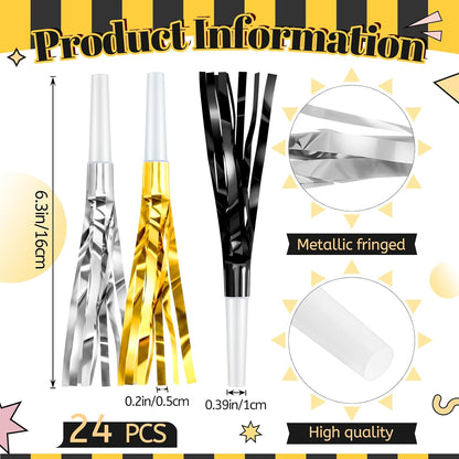 Sumind 24 Pcs Gold Noise Makers Metallic Fringed Party Blowers Horns Whistles Noisemakers Party Favors for Adults Birthday Graduation Sporting Events Celebration Surprise Supplies