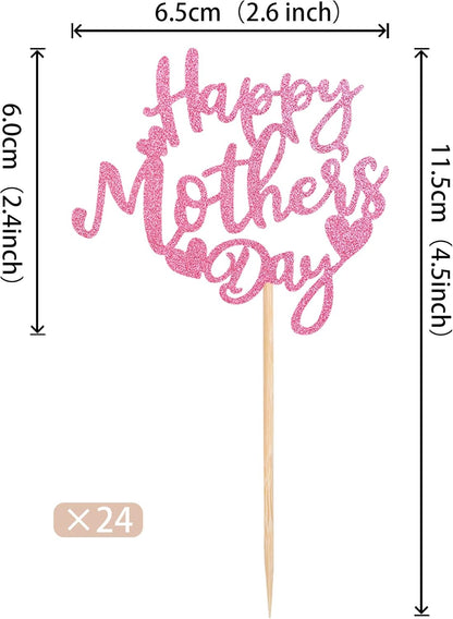 24 PCS Happy Mother's Day Cupcake Toppers with Glitter Heart Love Mother Best Mom Cupcake Picks for Happy Mother's Day Theme Women Birthday Party Cake Decorations Supplies Rose Gold