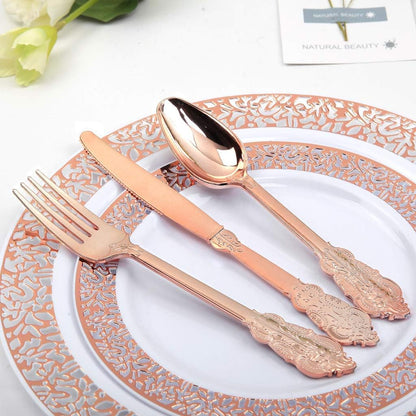 WDF300 Pieces Gold Plastic Silverware - Heavy Duty Disposable Cutlery Set Plastic Gold Silverware Set Includes 100 Forks, 100 Spoons, 100 Knives for Party Baby Shower Wedding Spring
