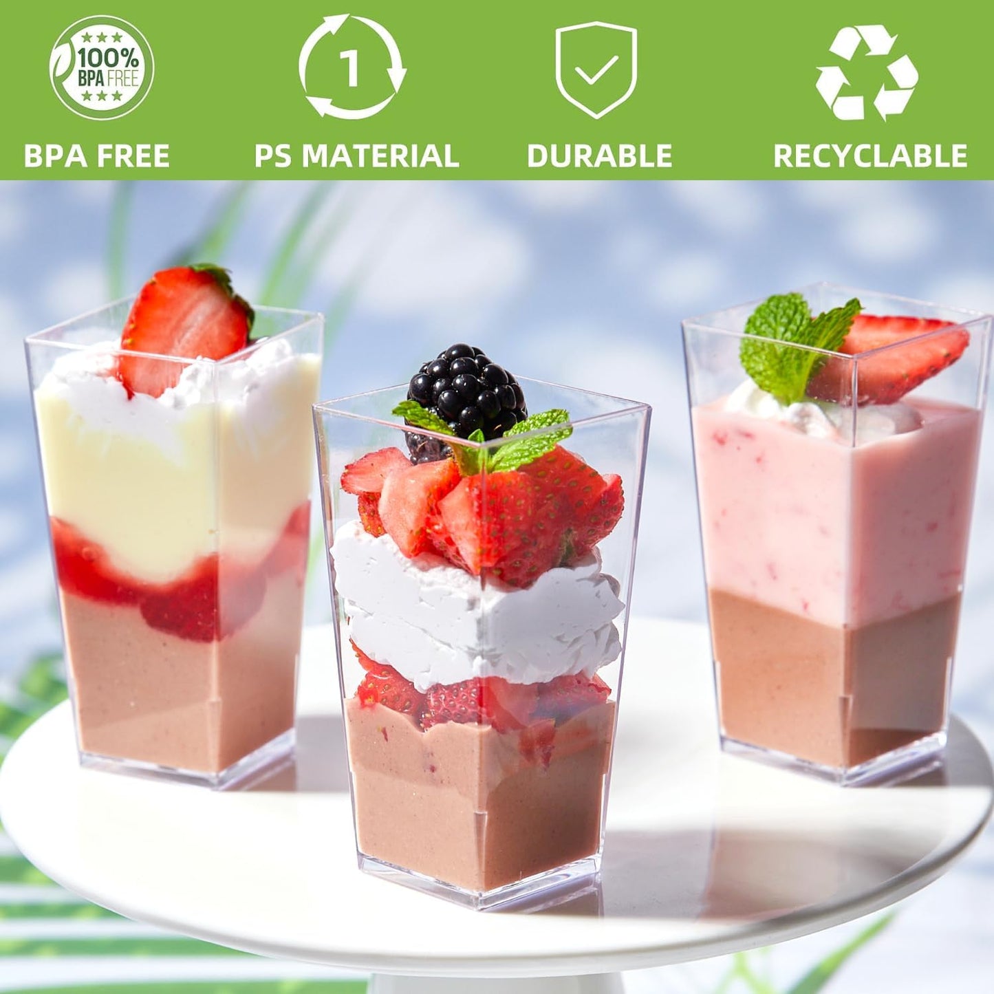 Zezzxu 3 oz Square Mini Dessert Cups with Spoons - 50 Pack Plastic Pudding & Parfait Cups Party Dessert Shooters for Serving Trifle Mousse Cake Appetizers