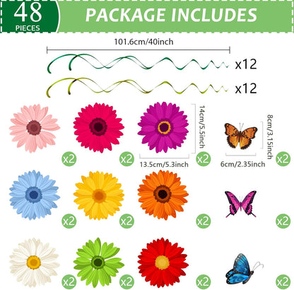 48 Pieces Spring Sun Flowers Butterfly Hanging Swirl Decorations Spirals Sunflower Party Streamers Wall Ceiling Hanging Supplies Favors Spring Summer Birthday Party Decorations