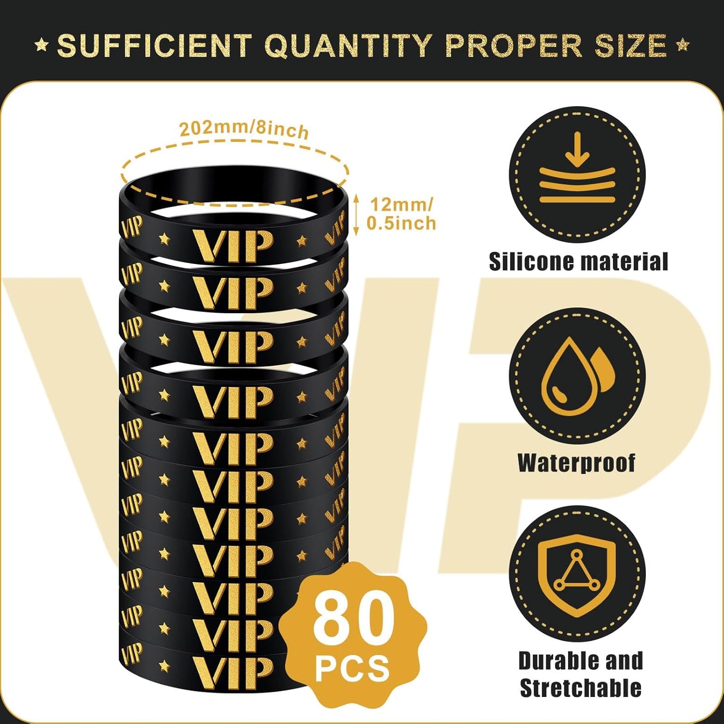Bucherry 80 Pcs Silicone VIP Wristbands for Events Custom VIP Bracelets Gold Wristbands Rubber Bracelets for Party Club Bar Men Women Festivals Wedding Concert Fair Amusement Office(Black)