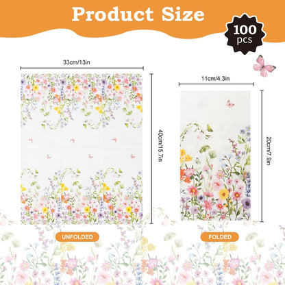 100Pcs Disposable Floral Paper Napkins Decorative Bathroom Napkins Guest Disposable Wild Flower Hand Towels Dinner Party Napkins for Wedding Birthday Party Baby Shower