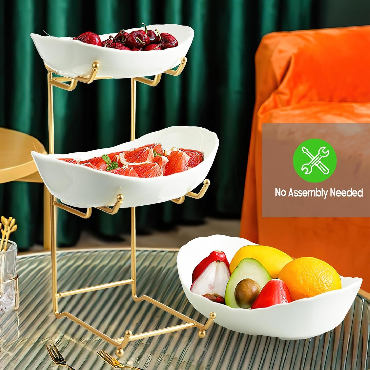 Ceramic Fruit Bowl for Kitchen Counter - 3 Tier Fruit Basket with Metal Stand, Tiered Fruit Stand for Countertop, Snack, Nuts, Cake, Dessert, Cute (Gold, Small) 1