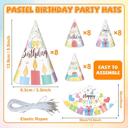 Lonfliness 32Pcs Colorful Party Hats for Kids Happy Birthday Cone Paper Hats Classroom Celebration Supplies Favors