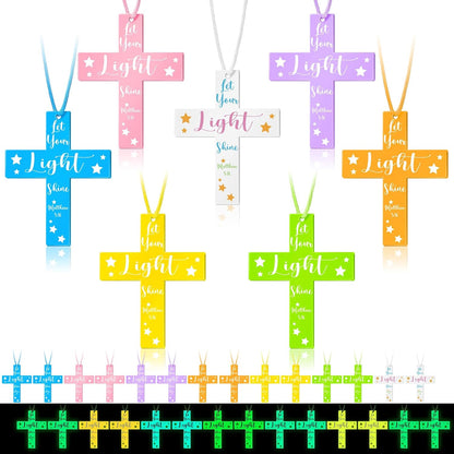 Seenelling 49 Pcs Glow in the Dark Silicone Cross Necklaces Bulk Let Your Light Shine Cross Necklace Bible Verse Religious Christian Gift for Christian VBS Birthday Church Party Favor