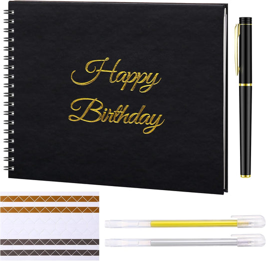 Mooliwe Birthday Guestbook with Pens Stickers Happy Birthday Signature Book 8.3 x 6.5 Inch Black Gold Birthday Guestbook for Birthday Photobooth Photo Strips Scrapbook Birthday Gift Party Supplies