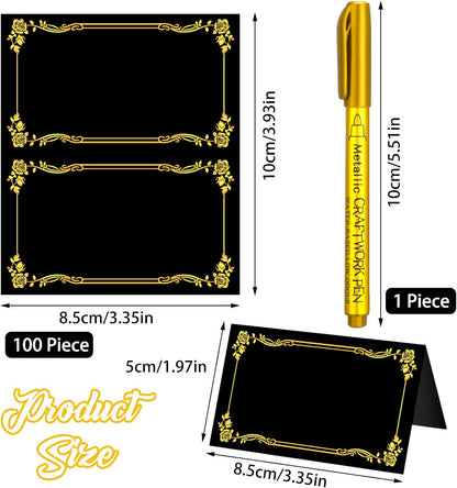 100 Pcs Black Place Cards and Gold Pen for Weddings, Name Cards with Gold Foil Border for Table Setting Folded Table Tents Sign for Buffet Banquet Parties Events Celebrations