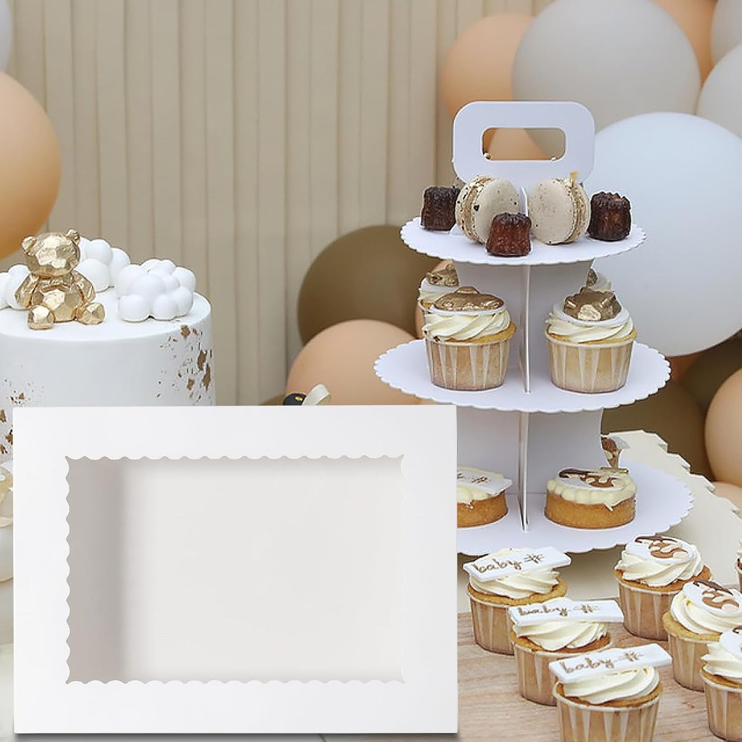 Mcfleet 16pcs 14x10x4 Rectangle Cake Boxes with Window - Quarter Sheet Bakery Boxes for Donuts, Cookies, Cupcakes, Pastry Baking Pie Treat Packaging White Large