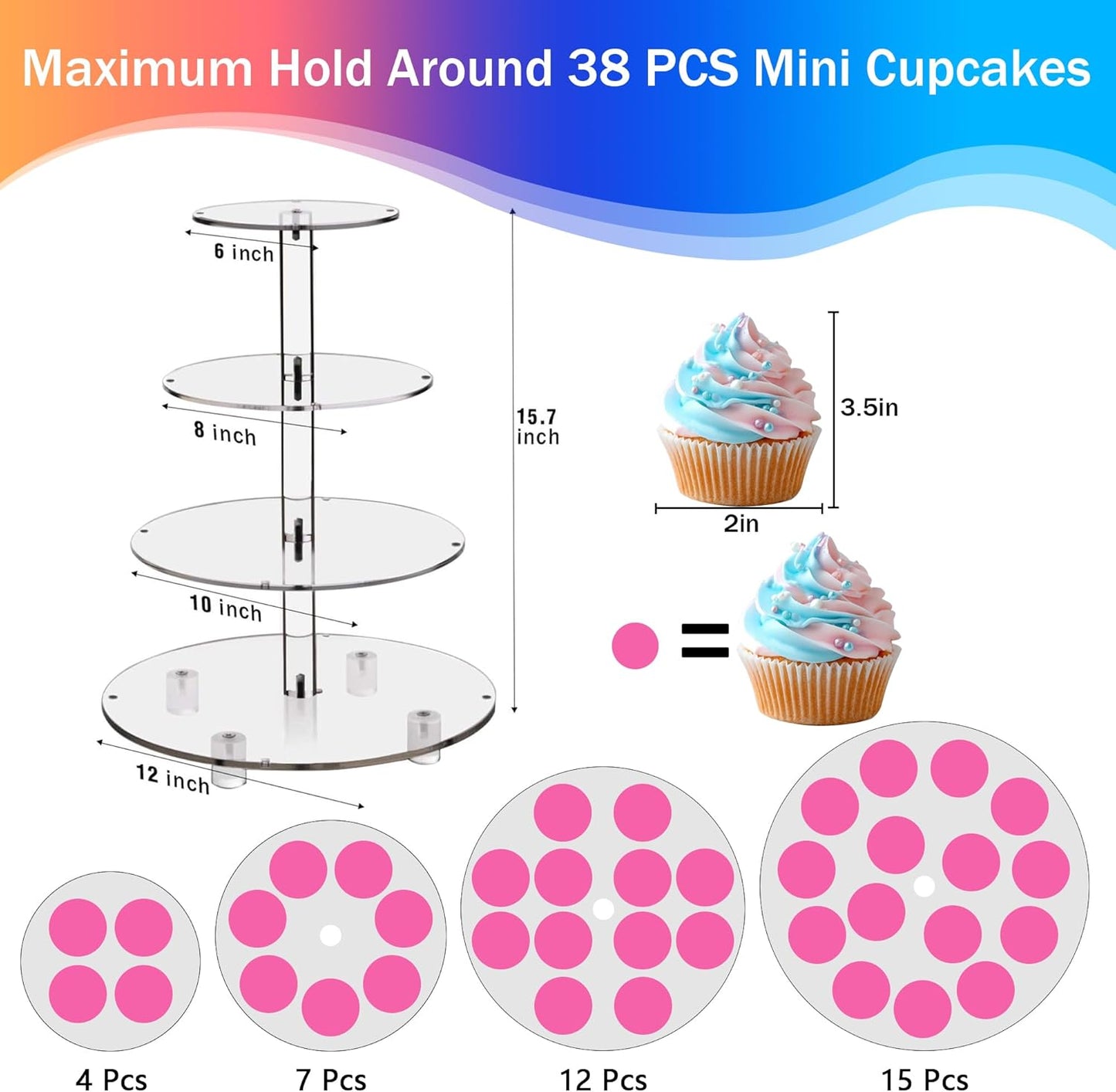 YestBuy Cupcake Stand with Yellow Led Lights, 4 Tier Cupcake Stand for 50 Cupcakes, Acrylic Cupcake Tower Stand, Clear Tiered Cupcake Holder for Birthday Cady Bar Décor Weddings, Parties Events