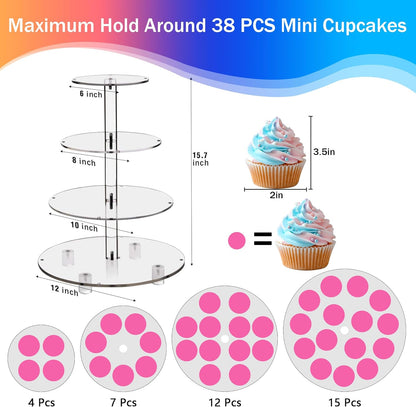 YestBuy Cupcake Stand with Yellow Led Lights, 4 Tier Cupcake Stand for 50 Cupcakes, Acrylic Cupcake Tower Stand, Clear Tiered Cupcake Holder for Birthday Cady Bar Décor Weddings, Parties Events
