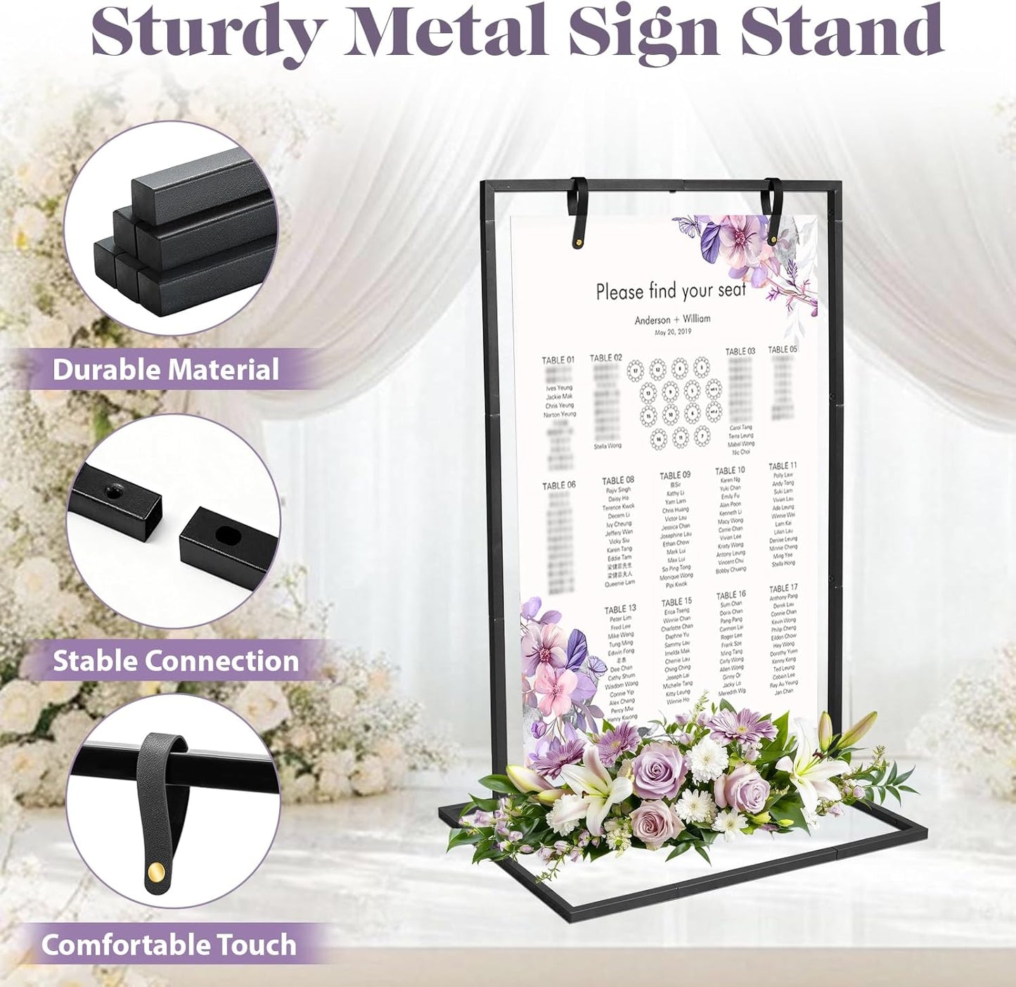 AZEAM Wedding Welcome Sign Stand with 4 Leather Straps for Hanging, 50"x30"x20" Metal Black Wedding Easel Stand for Welcome Sign, Seating Chart Holder for Outside Baby Shower Party Restaurant Poster