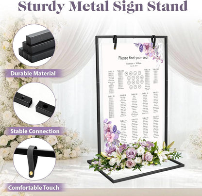 AZEAM Wedding Welcome Sign Stand with 4 Leather Straps for Hanging, 50"x30"x20" Metal Black Wedding Easel Stand for Welcome Sign, Seating Chart Holder for Outside Baby Shower Party Restaurant Poster