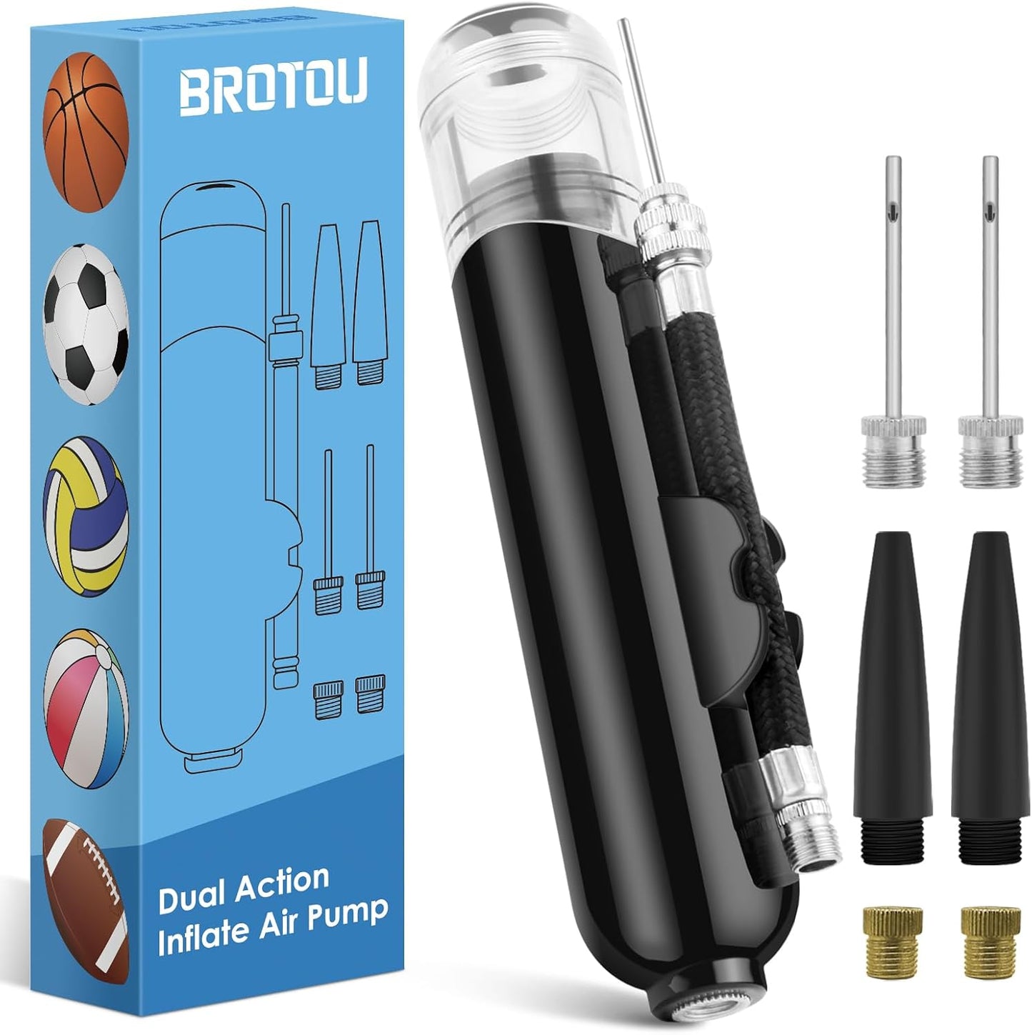 BROTOU Ball Pump, Dual Action Inflate Air Pump with 3 Needles and 2 Nozzles for Soccer Ball, Basketball, Volleyball, Balloons, Bikes