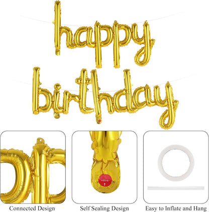 Happy Birthday Balloons Banner Foil Letters Balloons Connected, Personalized Birthday Signs for Women Men Boys Girls Birthday Party Decorations, Small Gold