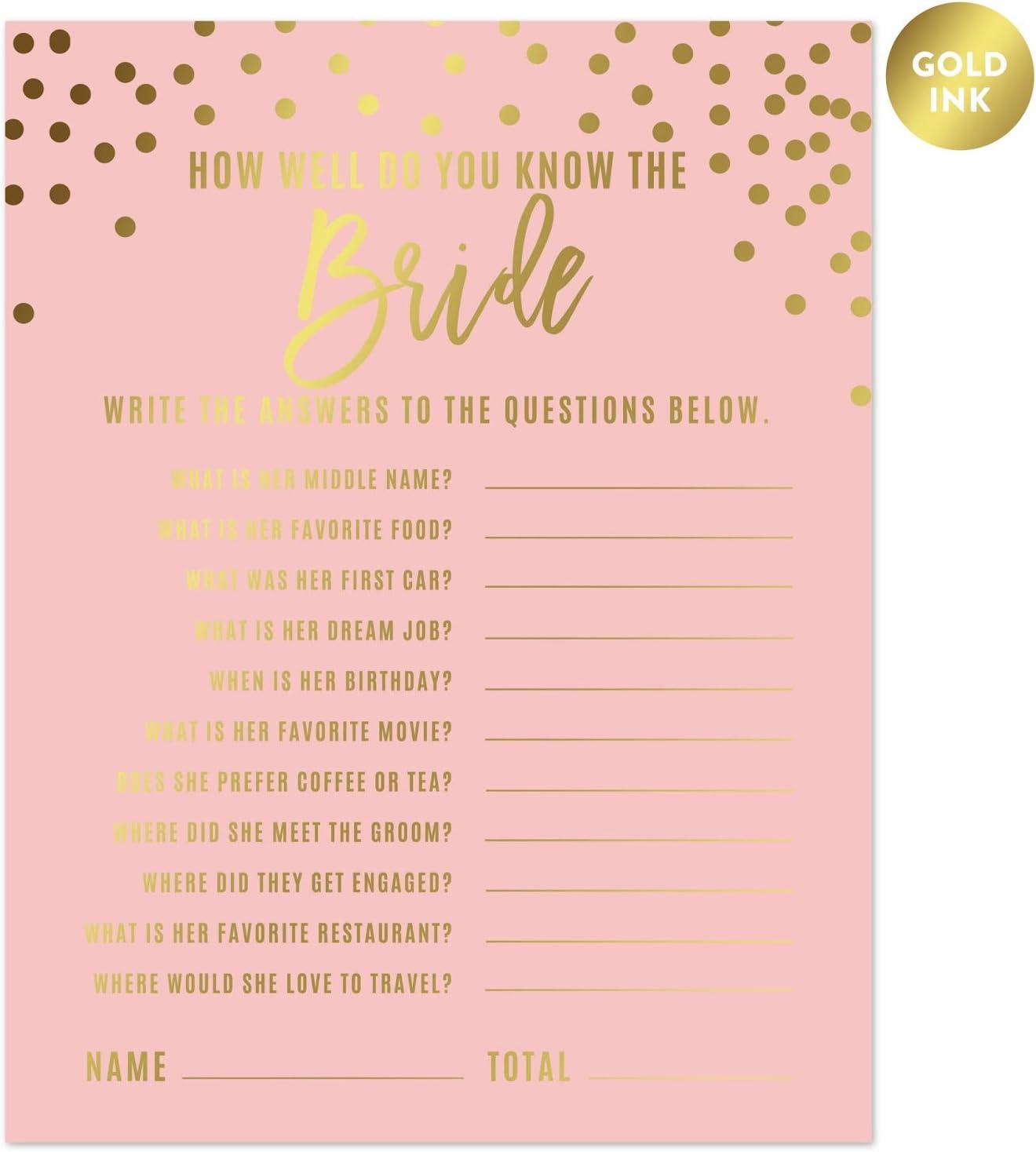 Andaz Press Blush Pink and Metallic Gold Confetti Polka Dots Bachelorette Party Bridal Shower Collection, Scavenger Hunt Game Cards, 20-Pack