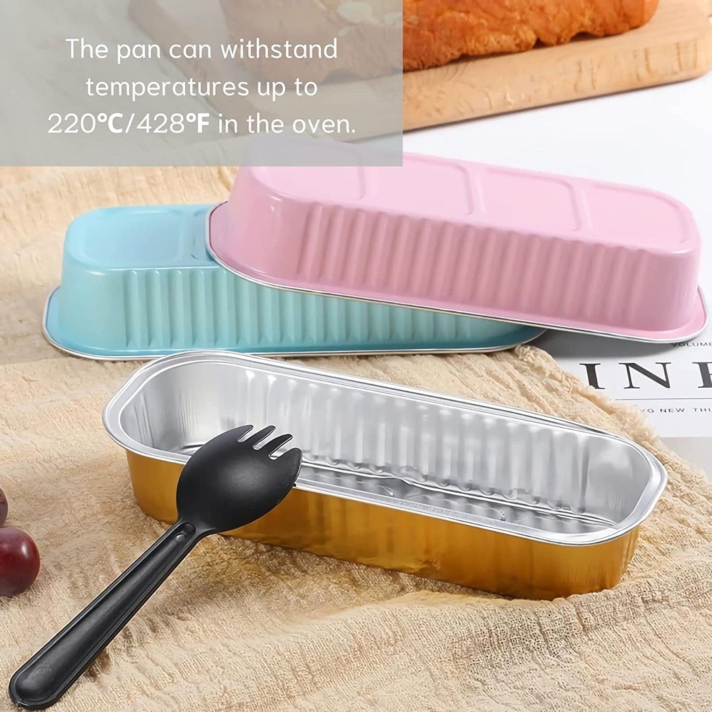 Findful Mini Loaf Baking Pans with Lids and Spoons (50 Pack, 6.8oz) Rectangle Aluminum Foil Baking Pans Tins Containers - Cupcake Containers Wrappers Cheesecake Creme Brulee Ramekins